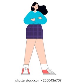 Empresaria joven confiada en atuendo casual de pie con los brazos doblados. Mujer profesional moderna con una actitud decisiva. Ilustración vectorial.