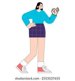 Confident young businesswoman in casual attire making an okay gesture. Office success and positive feedback concept. Vector illustration.