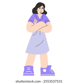 Confident young businesswoman concept. Professional woman standing with crossed arms, radiating assurance and leadership. Dress code breaking gender stereotypes. Vector illustration.