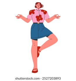 Concepto de mujer de negocios joven confiada. Una profesional femenina estilizada se pone de las manos sobre las caderas, exudando liderazgo y empoderamiento. Vestimenta moderna y pose casual. Ilustración vectorial.