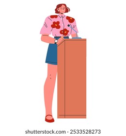 Empresaria joven confiada que da una presentación en un podio. Liderazgo y empoderamiento femenino en el lugar de trabajo. Ilustración vectorial.