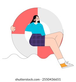 Ilustración de mujer de negocios joven confiada. Una profesional femenina moderna en atuendo casual se sienta contra un fondo de gráfico circular. Ilustración vectorial.