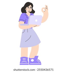 Mujer de negocios joven confiada que hace varias tareas con una computadora portátil, que significa Aprobación con un gesto de la mano. Profesional moderno en atuendo casual. Ilustración vectorial.