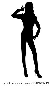 Confident young businesswoman pointing her head with her finger on white background