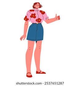 Empresaria joven confiada con un gesto positivo en atuendo casual. Profesional personaje femenino dando un pulgar hacia arriba. Ilustración vectorial.