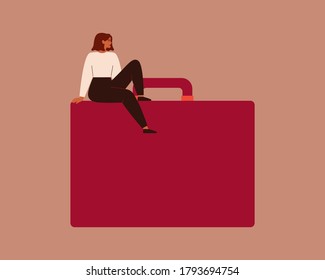 Confident young businesswoman sits on a large red briefcase. Strong female entrepreneur with a big handbag. Vector. Concept of participation of women in leadership roles in commerce or business.