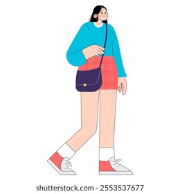 Confident young businesswoman striding forward. Modern professional in a casual outfit with a stylish bag. Vector illustration.