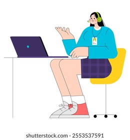 Confident young businesswoman working at the office desk with a laptop. Professional female character in casual attire. Vector illustration.