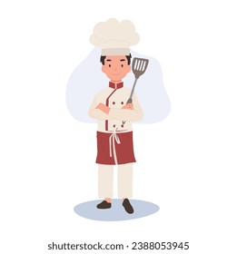 Confident Young Kid Chef with Crossed Arms and holding flipper. Junior Chef in Chef Hat.