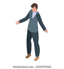 Confident young male businessman gesturing in isometric style while presenting in a corporate office setting