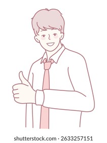 A confident young man in business attire expresses positivity and approval with a thumbs up gesture.
