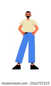 Confident Young Man In Casual Clothing Standing With Hands On Hips In Flat Vector Illustration Symbolizing Confidence, Style, And Individuality, Isolated On White Background