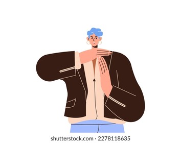 Confident young man character with serious face showing enough sign gesturing stop and time out vector illustration isolated on white background. Warning body signal and people emotion concept