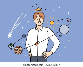 Confident young man in crown stand in center of universe feeling narcissist. Successful male with planets around feel self-love and confidence. Vector illustration. 