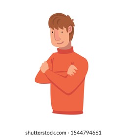 Confident Young Man with Folded Hands, Male Character Facial Emotions Vector Illustration