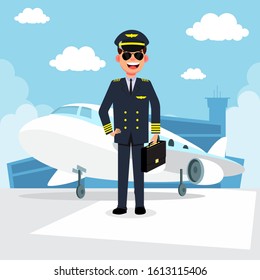 Confident Young Man Standing In Front Of Airplane Vector Illustration