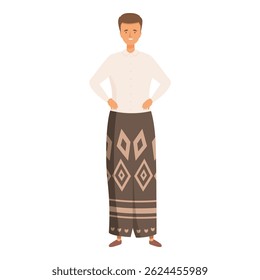 Confident young man is standing with his hands on his hips, showcasing a traditional and stylish outfit