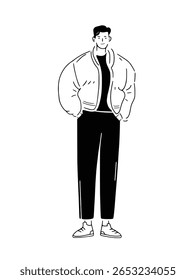 A confident young man standing with his hands in his pockets and a relaxed smile. Minimalist line art illustration of a cool and friendly character.