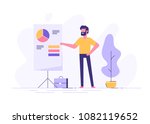 Confident young man standing near flip chart and pointing graph and diagram. Creative business concept. Office interior. Modern vector illustration. Flat design.