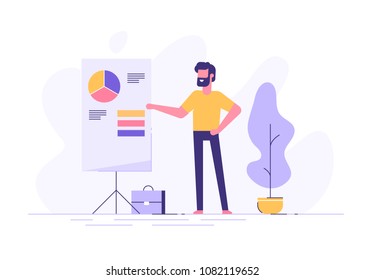 Confident young man standing near flip chart and pointing graph and diagram. Creative business concept. Office interior. Modern vector illustration. Flat design.