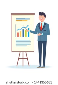 Confident young man standing near flip chart and pointing at the graph and the diagram. Creative business concept. Vector illustration. Flat design, cartoon style