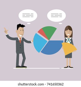 Confident young man standing near flip chart and pointing graph with graph and diagram. Creative business concept. Vector illustration. Flat design