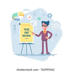 Confident young man is standing near flip chart and pointing graph and diagram. Year end review business concept. Vector illustration. Flat design