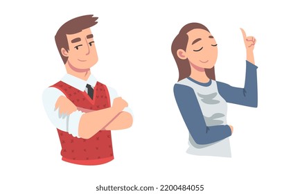 Confident Young Man and Woman Standing with Folded Arms Expressing Self Pride Vector Set