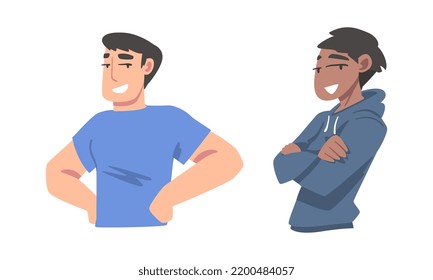 Confident Young Man and Woman Standing with Hands on Hips and Folded Arms Expressing Self Pride Vector Set