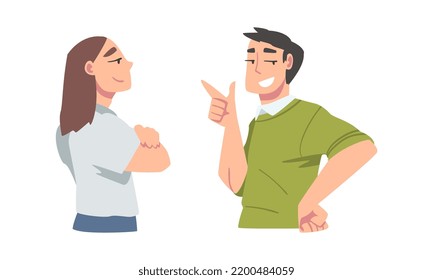 Confident Young Man and Woman Standing with Hands on Hips Expressing Self Pride Vector Set