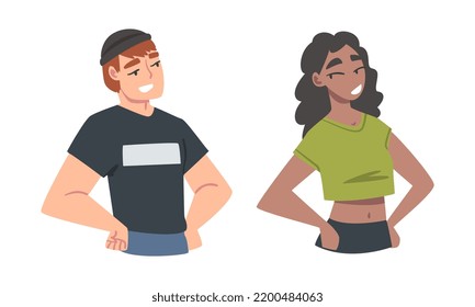 Confident Young Man and Woman Standing with Hands on Hips Expressing Self Pride Vector Set