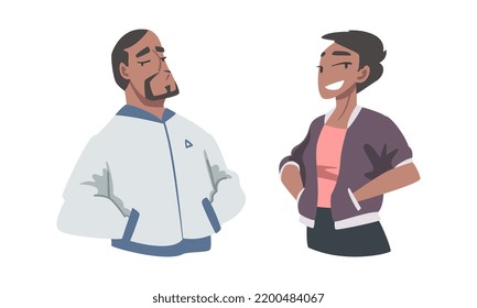 Confident Young Man and Woman Standing with Hands on Hips Expressing Self Pride Vector Set