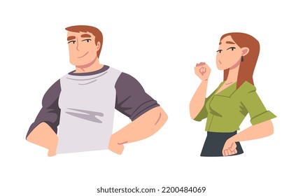 Confident Young Man and Woman Standing with Hands on Hips Expressing Self Pride Vector Set