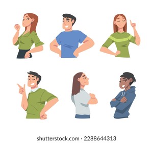 Confident Young Man and Woman Standing with Hands on Hips and Folded Arms Expressing Self Pride Vector Set