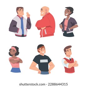 Confident Young Man and Woman Standing with Hands on Hips and Folded Arms Expressing Self Pride Vector Set