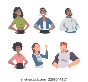 Confident Young Man and Woman Standing with Hands on Hips Expressing Self Pride Vector Set