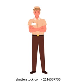 Confident Young Seller Man With Crossed Arms. Salesperson In Uniform, Store Manager And Client Consulting Flat Vector Illustration