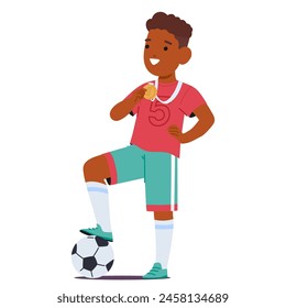 Confident Young Soccer Player Stands With One Foot On A Ball, Black Boy Character Proudly Displaying A Gold Medal, Symbol Of Skill And Victory On The Football Field. Cartoon People Vector Illustration