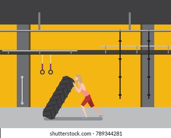 Confident young strong man flipping big heavy tire at gym. Weightlifting or functional training in fitness center. Sport, strength, exercising, health, lifestyle, people concept illustration vector.
