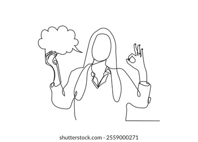 Confident young woman with brunette hair holding a speech bubble. Modern Minimalist One Line Drawing	
