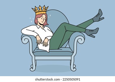 Confident young woman in crown sitting on chair. Smiling girl in golden accessory show confidence and high self-esteem. Vector illustration. 