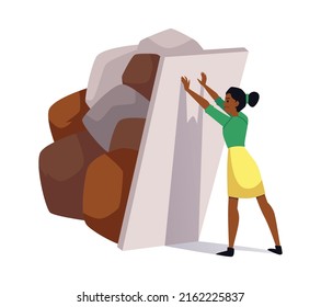 Confident young woman holding door from pile of huge stones flat style, vector illustration isolated on white background. Difficulties and problems metaphor, burden