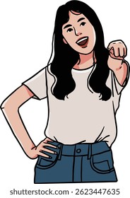 A confident young woman pointing forward with a friendly smile, inviting the viewer to join