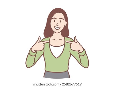 Confident young woman pointing at herself with pride and satisfaction gesture. Hand drawn style vector design illustrations.
