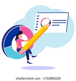 A confident young woman sits on a circle in a large pencil and points to the diagram. Creative business concept. Office interiors. Modern vector illustration. Flat design.