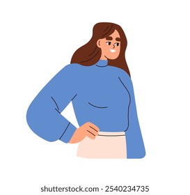 Confident young woman standing with hand on hip, smiling and looking aside. Happy female character, girl with excited interested face expression. Flat vector illustration isolated on white background