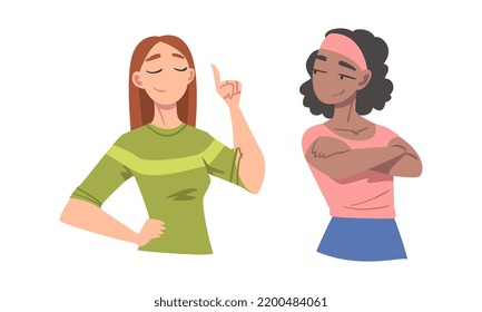 Confident Young Woman Standing with Hands on Hips and Folded Arms Expressing Self Pride Vector Set