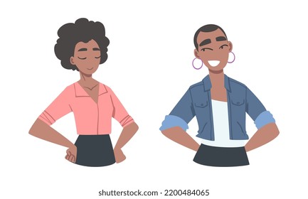 Confident Young Woman Standing with Hands on Hips Expressing Self Pride Vector Set