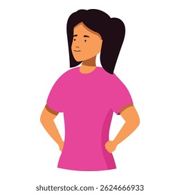 Confident young woman standing with hands on hips looking up to the side