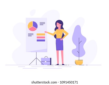 Confident young woman standing near flip chart and pointing graph and diagram. Creative business concept. Office interior. Modern vector illustration. Flat design.